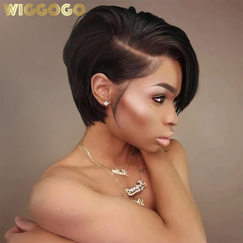 Wiggogo-Pixie Cortar Peruca de Cabelo Humano, Perucas Curtas Bob, Parte Lateral, Direto Lace Front Perucas, HD Transparente Lace Frontal Peruca