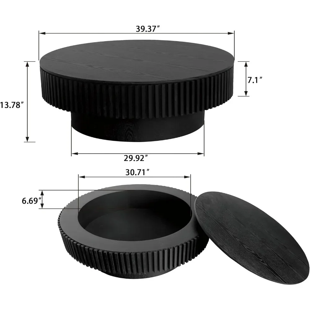 Mesa de centro redonda de 31,5 '' com armazenamento, mesa de centro moderna de madeira com folheado de madeira maciça, mesa de chá com detalhes em centro circular
