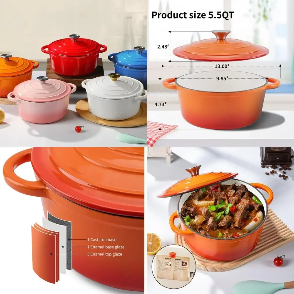 

Orange 5.5-Quart Enamel Dutch Oven, Heavy-Duty Cookware for Baking, Braising, Stews, and Roasting, Oven Safe to 500°F