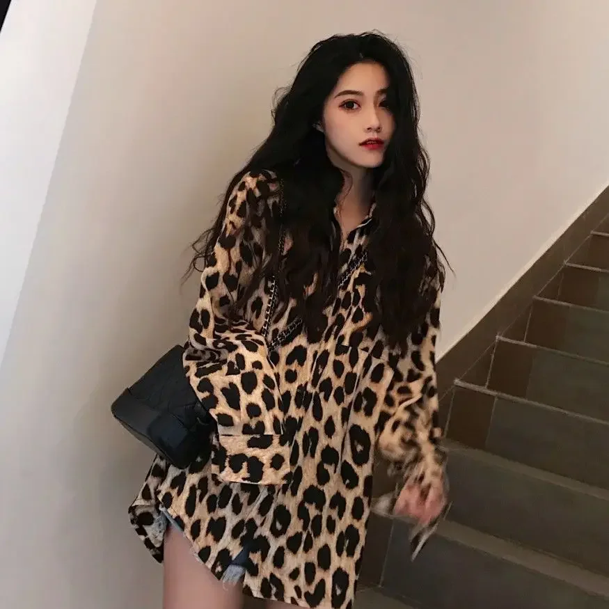 Style Summer Loose Leopard Print Shirt Retro Long Sleeve Shirt Top Blusas Ropa De Mujer