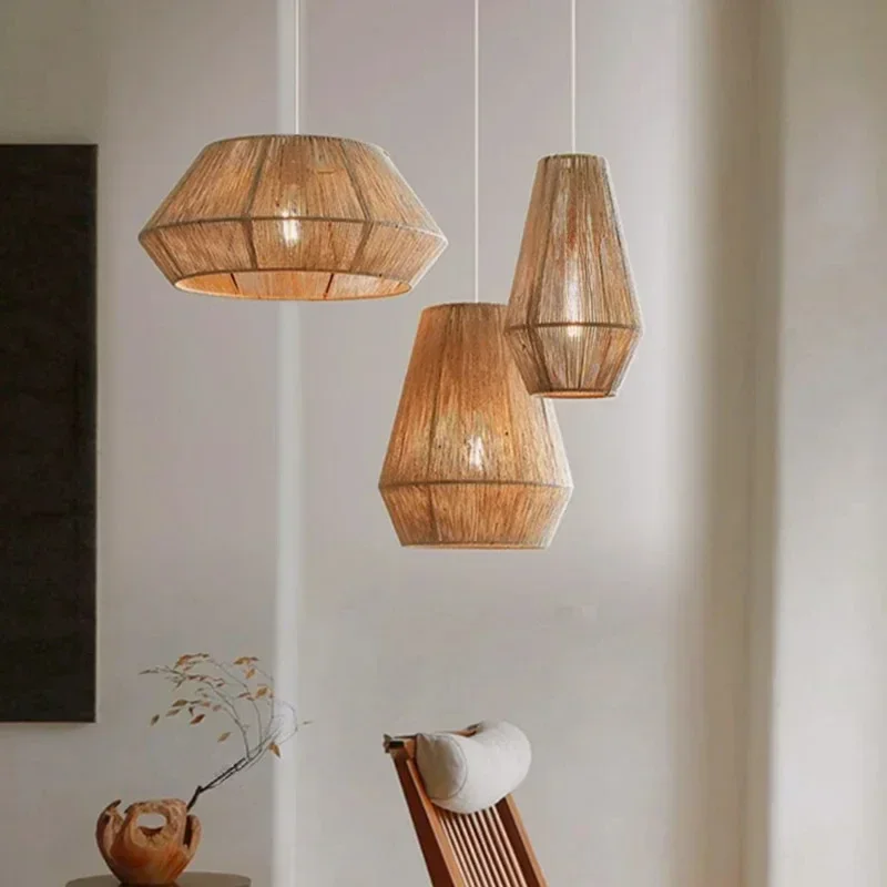 Retro Pendant Light Vintage Hand-woven Rattan Lamp Restaurant Decoration Hemp Rope Living Room Kitchen Lighting Fixture home dec