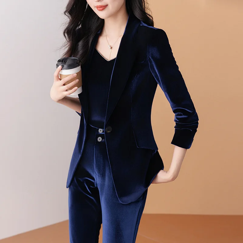 Autumn Winter High Quality Fabric Velvet Formal Pantsuits for Women Business Work Wear with Pants and Jackets Coat Blazers Set