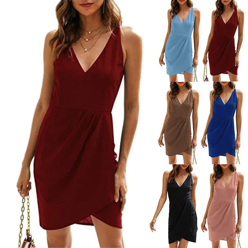 Vestidos de Fiesta de Color liso para mujer, minivestido informal ajustado sin mangas con cuello de pico profundo, Irregular, elegante y Sexy, 2022