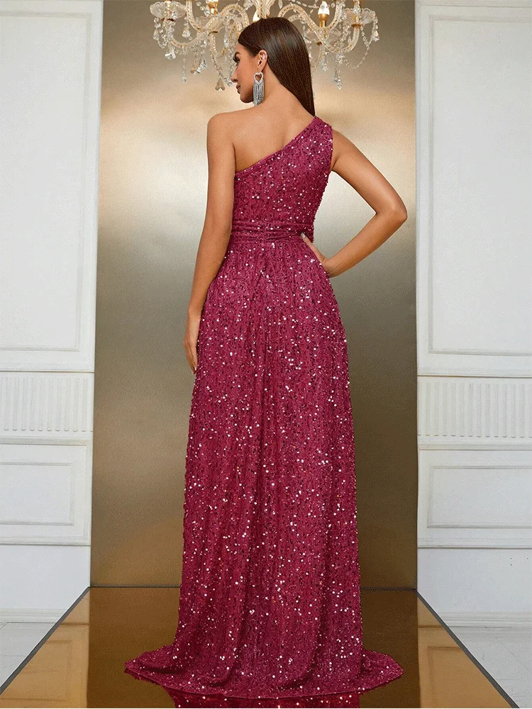 One-shoulder rose red off-shoulder shiny sequin evening dress for women spring and summer shiny multi-color banquet Prom Gown