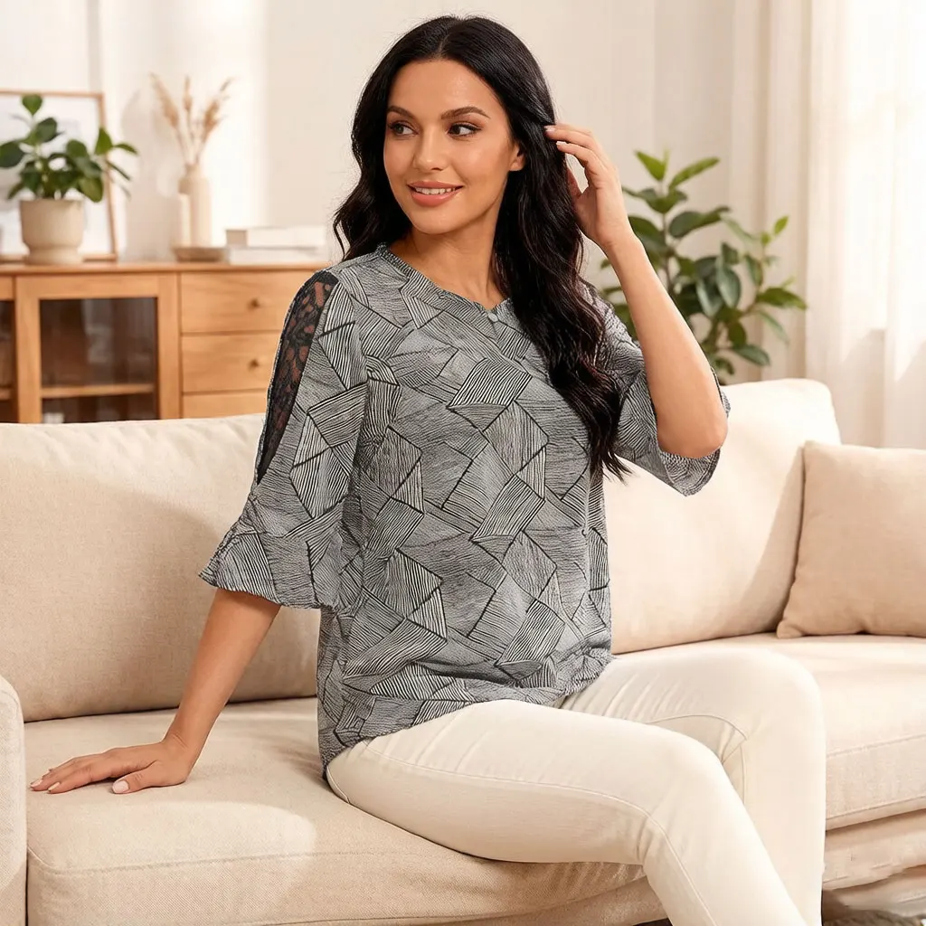 

Women Geometric Print Blouse Chiffon Top with Mesh Sleeve Keyhole Neck Casual Loose Fit Batwing Sleeve Summer Tops