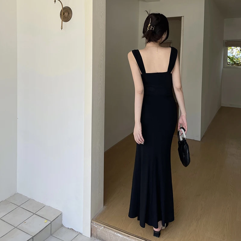 우아한 여성용 블랙 스파게티 스트랩 핏 이브닝 드레스 레이스 스플라이스 시스루 바디콘 머메이드 헴 여름 파티 프롬 드레스