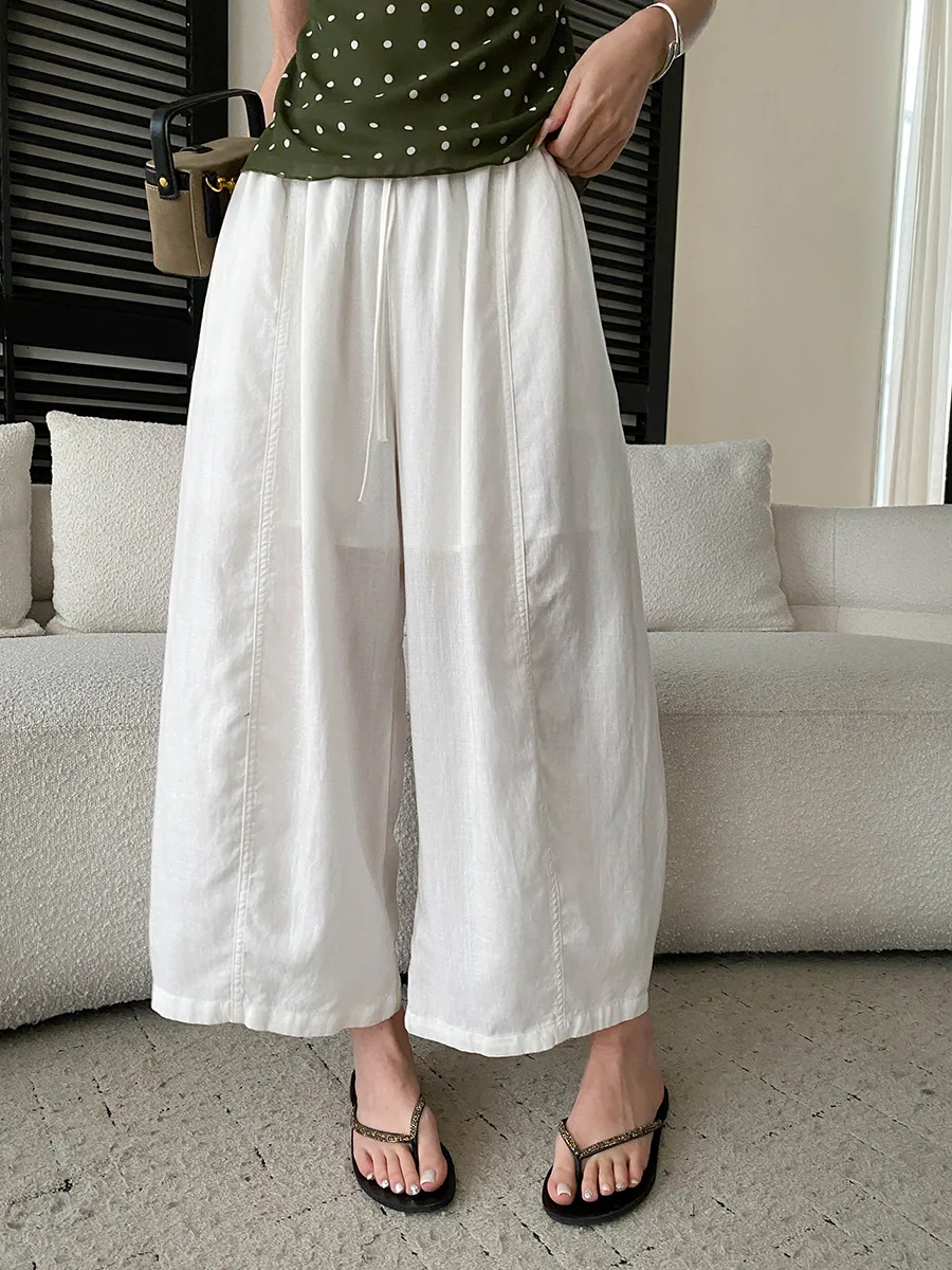 Sommerliche High-Waist-Hose mit weitem Bein für Damen, lässige, einfarbige, locker sitzende Hose – Detail 25