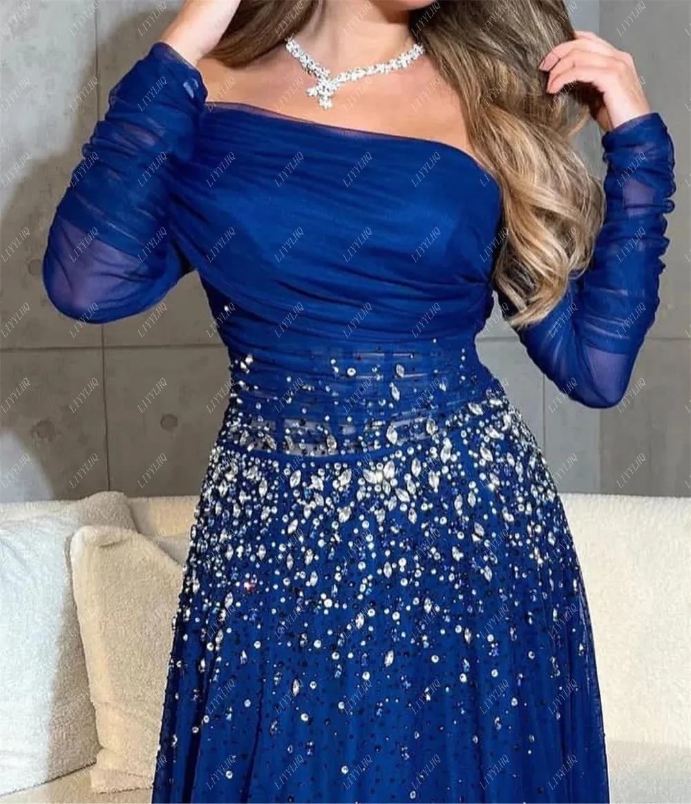 LIYYLHQ Elegant Dark Blue Prom Dresses Long Sleeves A-line Sexy Beading For Evening Party Gowns Robes De Soirée