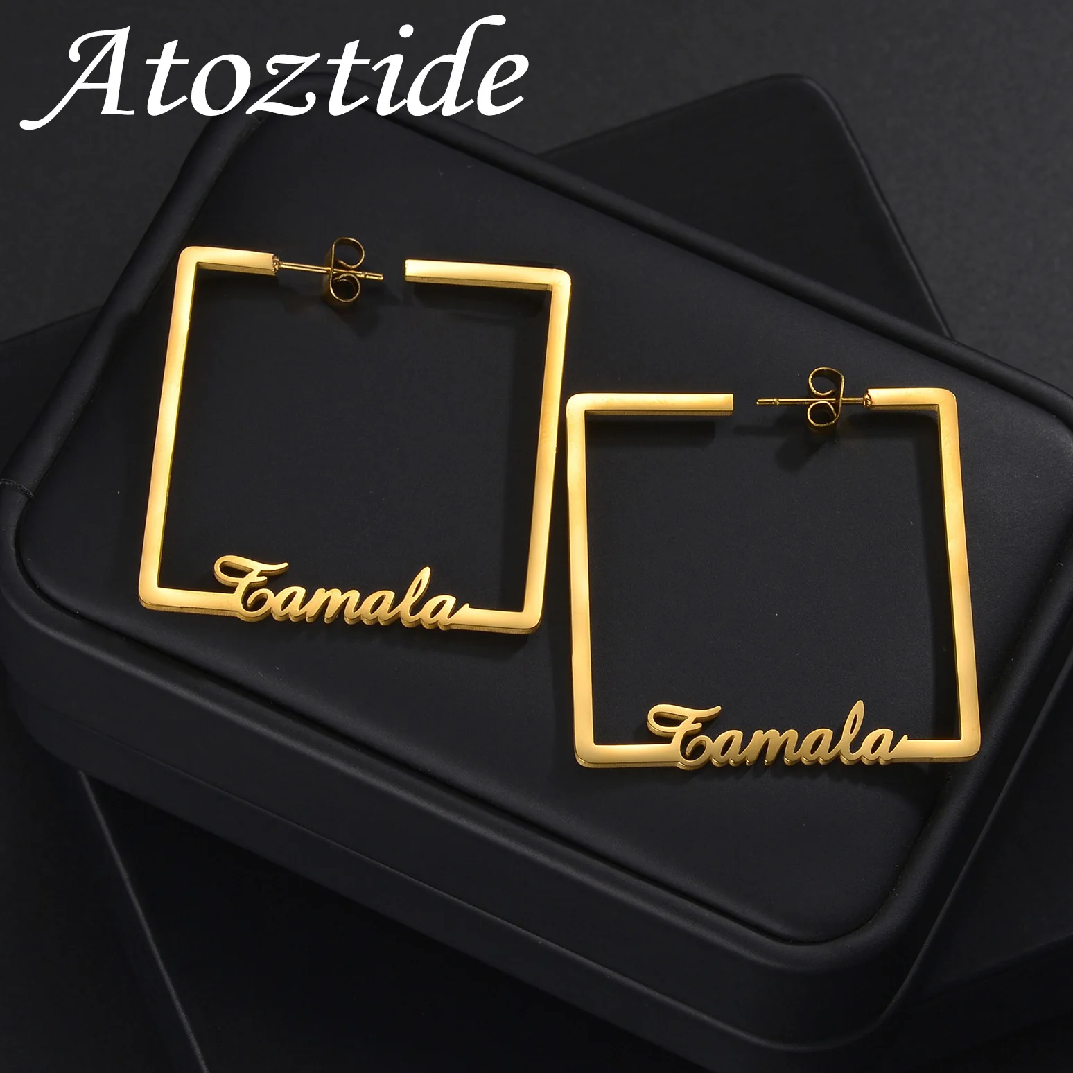 

Atoztide Custom Name Square Hoop Earring For Women High Quality Stainless Steel Jewelry Personalized Weddings Birthday Gift