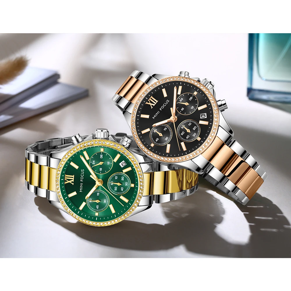 미니 포커스 0617 패션 쿼츠 여성용 시계 고급 야광 방수 크로노그래프 캘린더 캐주얼 비즈니스 여성 시계