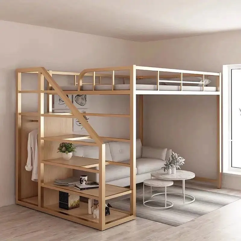 Small apartment, duplex upper bunk iron bed, two-story attic, double-layer multi-functional wrought iron bed, high and low bed,