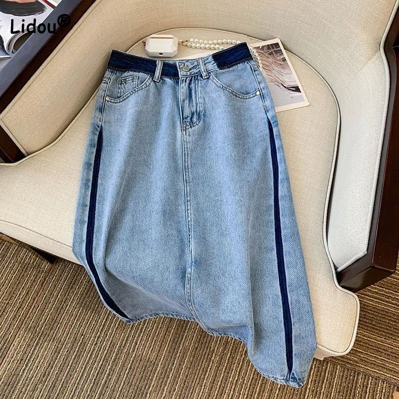 Zomer Casual Modieuze Denim Rok Met Hoge Taille 2023 Koreaanse Eenvoud All-Match Zakken Gesplitste Split Rok Dameskleding