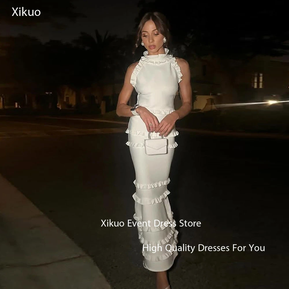 

Xikuo Graceful White Satin Prom Gowns Mermaid Party Vestidos Para Eventos High Neck Pleated Cocktail Evening Dresses Customized