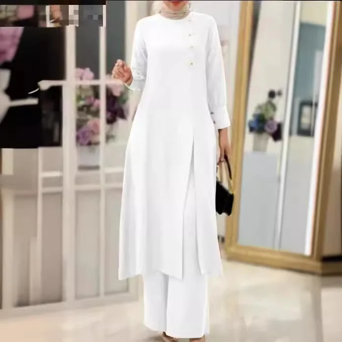 Fashion 2024 2 Pieces Muslim Women Suits Elegant Temperament Solid Side Split Long Shirt Wide Leg Pants Long Robe Two Piece Set