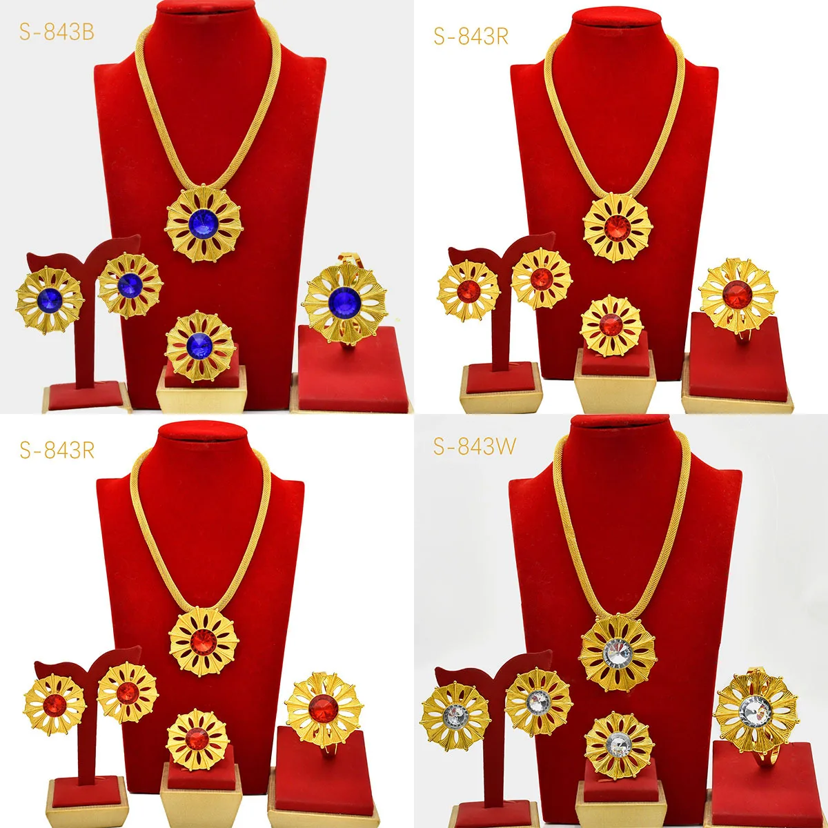 

Diamond-Studded Floral Elegant Necklace Bracelet Earrings Ring 4-Piece Set Women 24K Gold AU999- Soft floral, sparkling diamonds