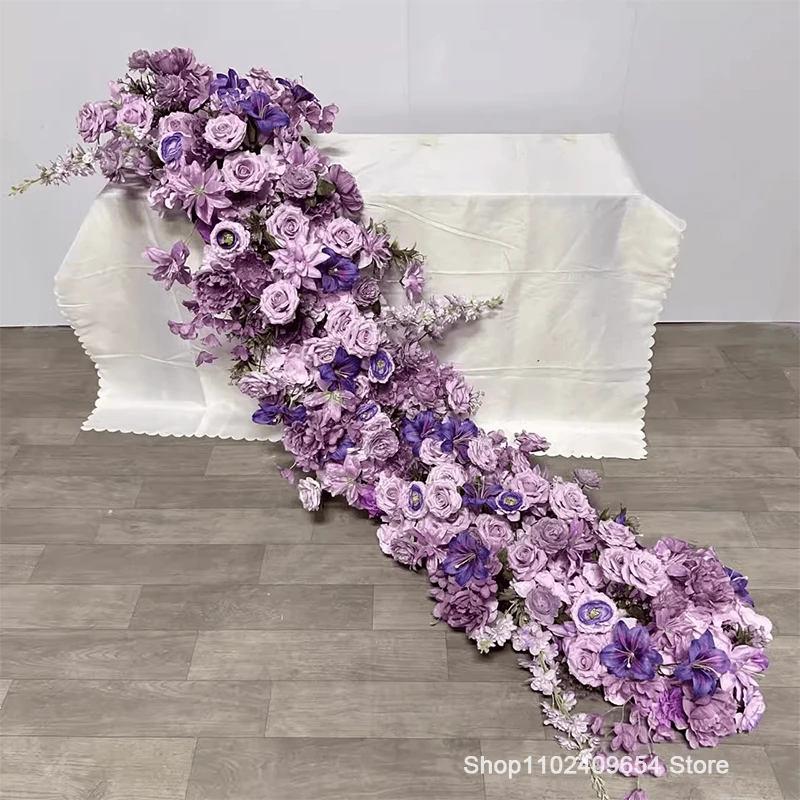 Camino de hilera de flores artificiales de hortensia y rosa púrpura, plantas verdes, bola de flores grande, decoración de fondo de boda, accesorios florales para pared y fiesta
