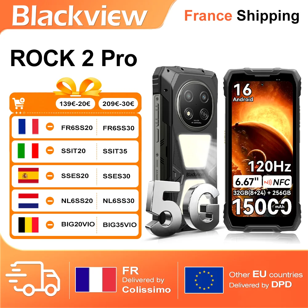 Blackview 5G ROCK 2 Pro Smartphone Robuste 32GB(8+24)+256GB 6,67" IPS 120Hz Lampe de Camping 400lm Android 16 15000mAh 33W NFC