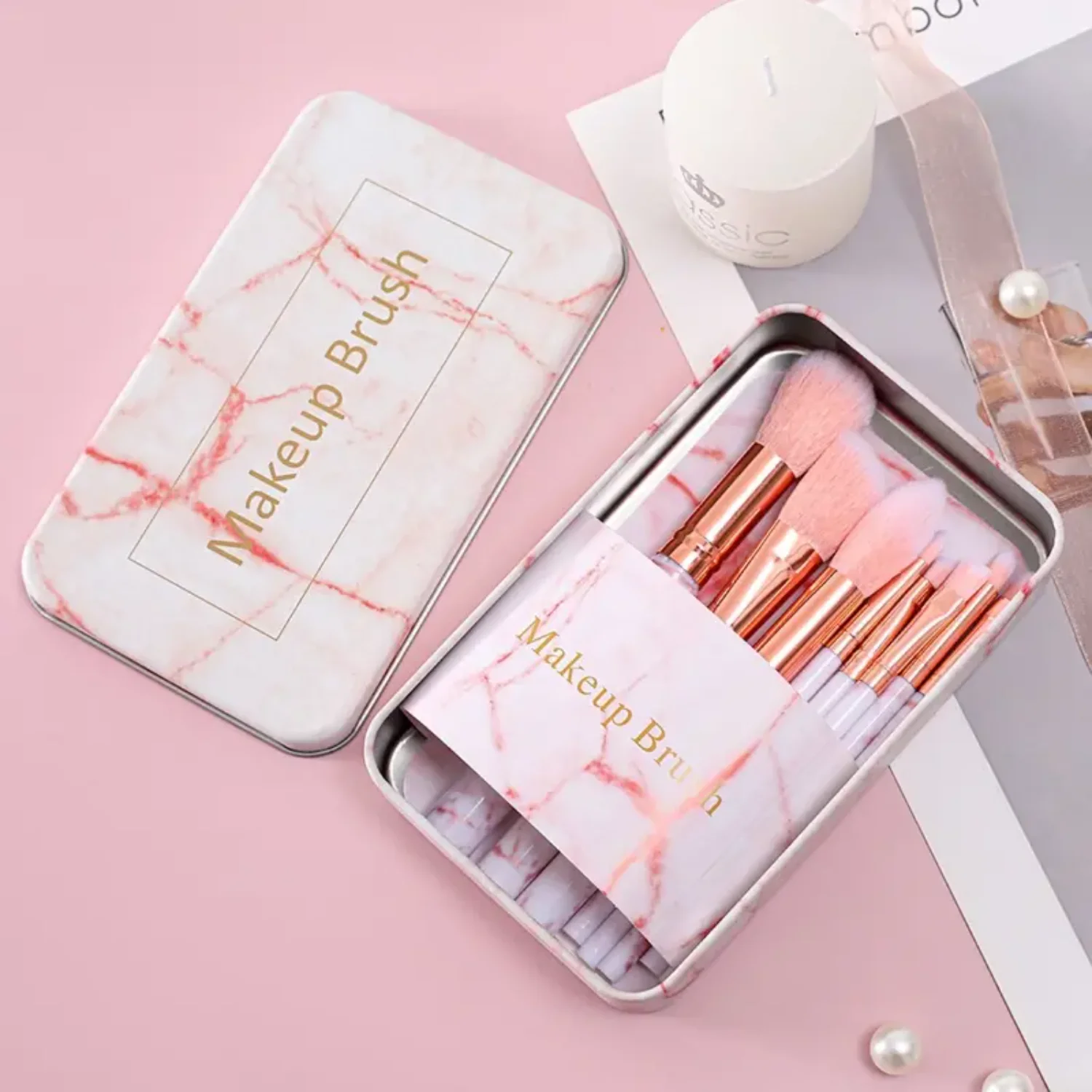 8-delige marmeren make-upborstelset met opbergdoos - Opvallende schoonheidsborstels voor oogschaduw, lippen en waaiermake-up