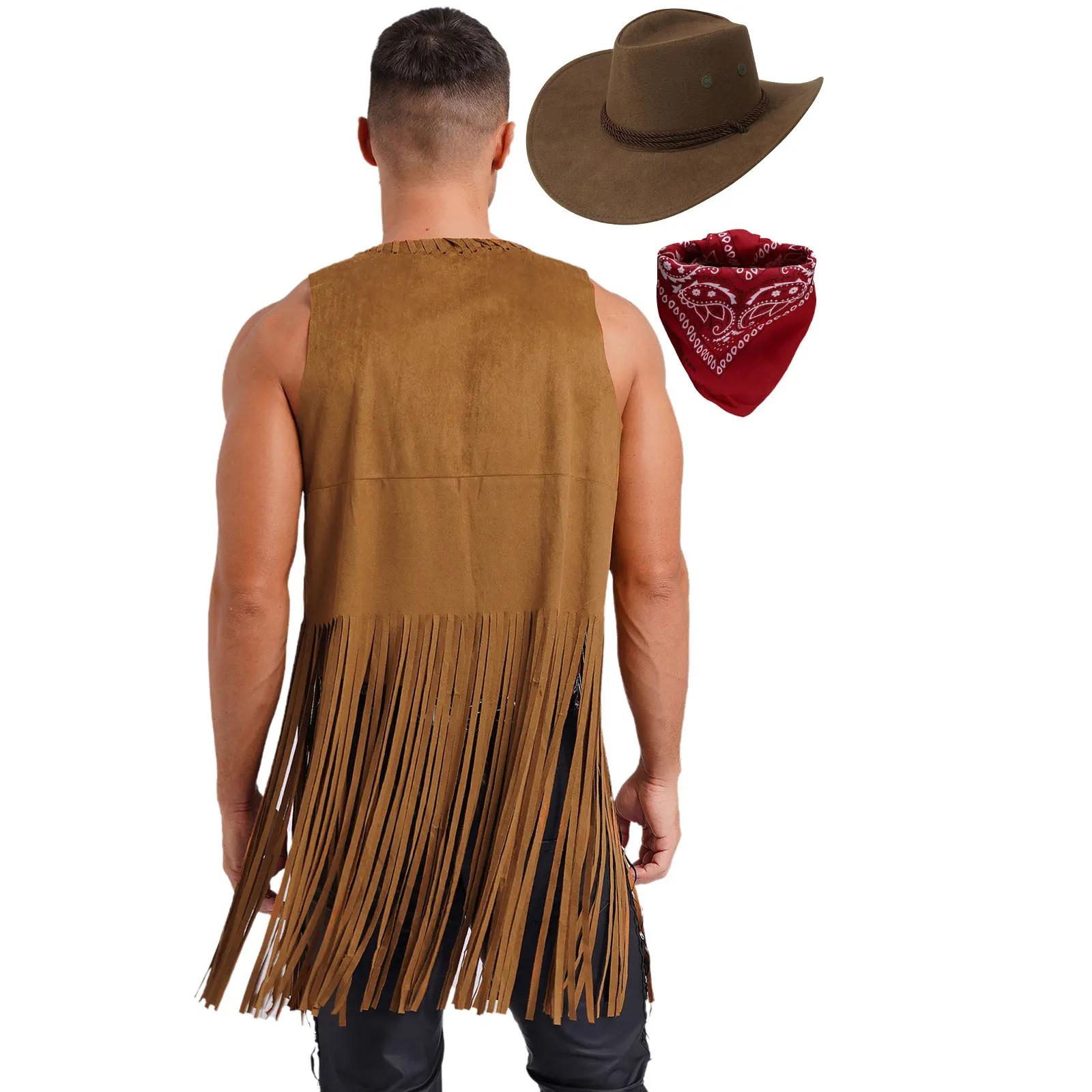 Mens Western Cowboy Cosplay Costume Faux Suede Sleeveless Jacket Long Fringe Tassels 70s Hippie Cardigan Waistcoat Vest Top