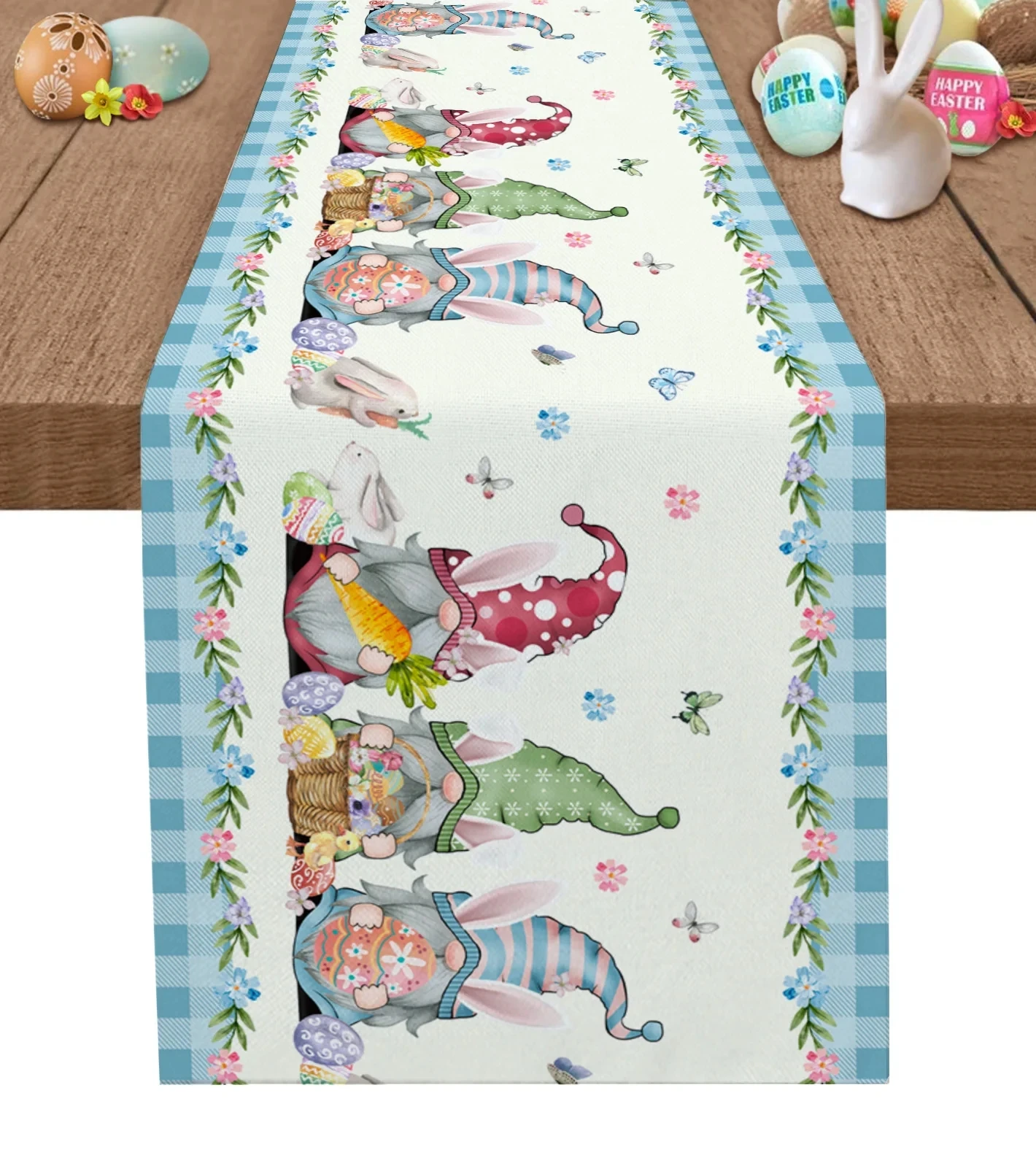 

Easter Bunny Egg Flower Gnome Buffalo Plaid Linen Table Runners Washable Farmhouse Holiday Party Wedding Dining Table Decor