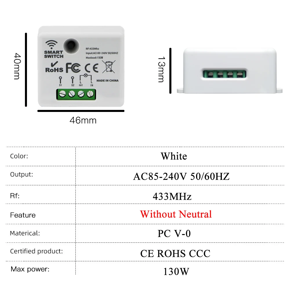Mini Smart Switch Without Neutral 433MHz Remote Control Light Switch Rf Wireless Wall Switch 220V 130W Relay Module for Lamp Fan