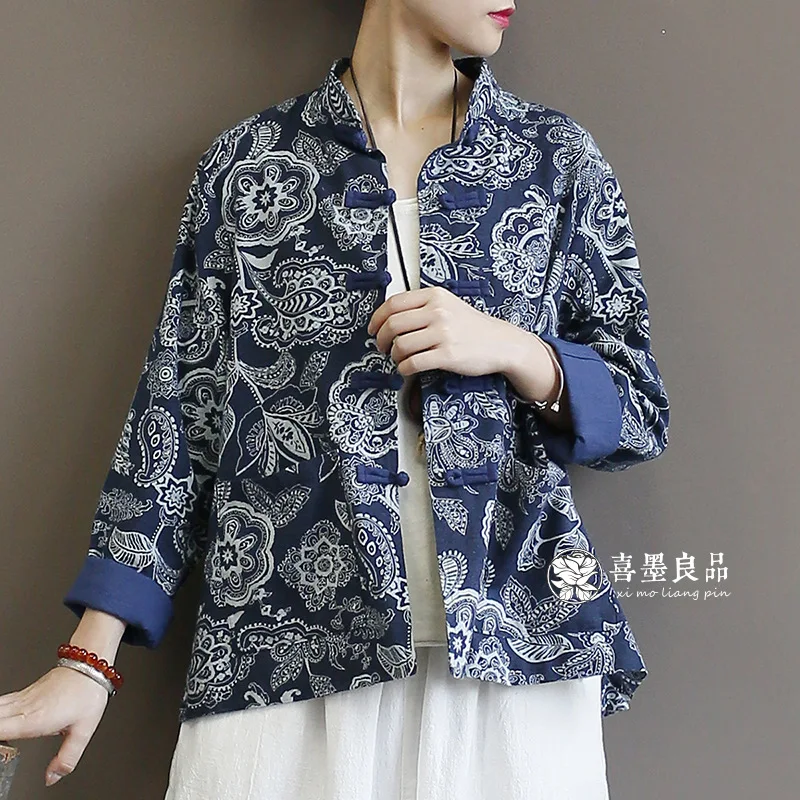 2025 New Arrival Spring Women Good Quality Cotton Linen Outerwear & Coats Loose Casual Print O-neck Single Breasted Jackets Y168