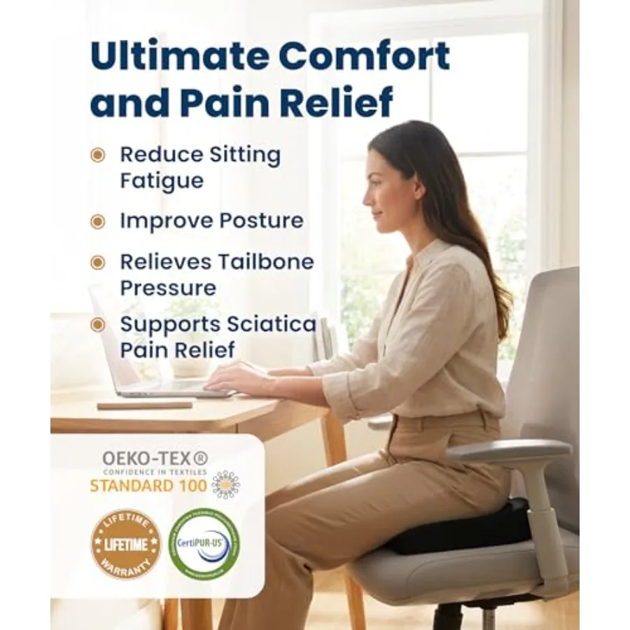 Doctor Recommended Memory Foam Seat Cushion for Office Chairs and Car - Ergonomic Office Desk Accessories - Cushions for Tailbo