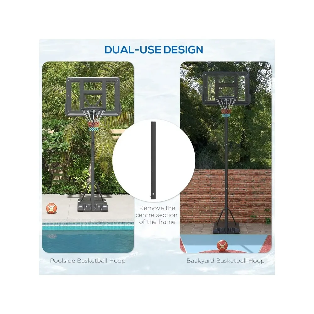 Height Adjustable Pool Basketball Goal, 7.5-10FT, 43.25 Backboard, Wheels, Fillable, Portable Outdoor Basketball Hoop