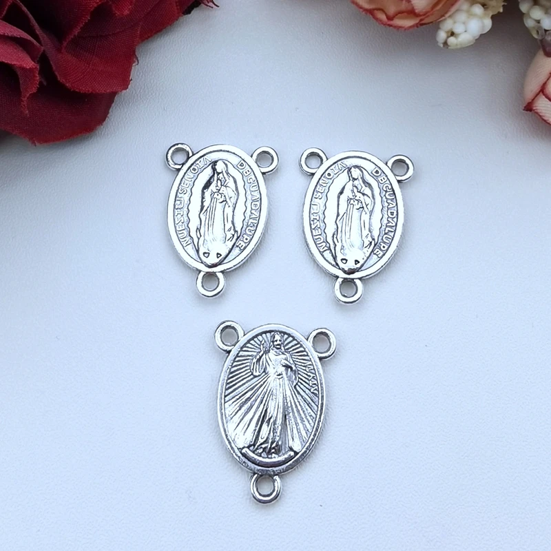 5pcs Mix Silver Plated Catholic Virgin Mary Three-Hole Connector DIY Charm Prayer Rosary Necklace Jewelry Crafts Making