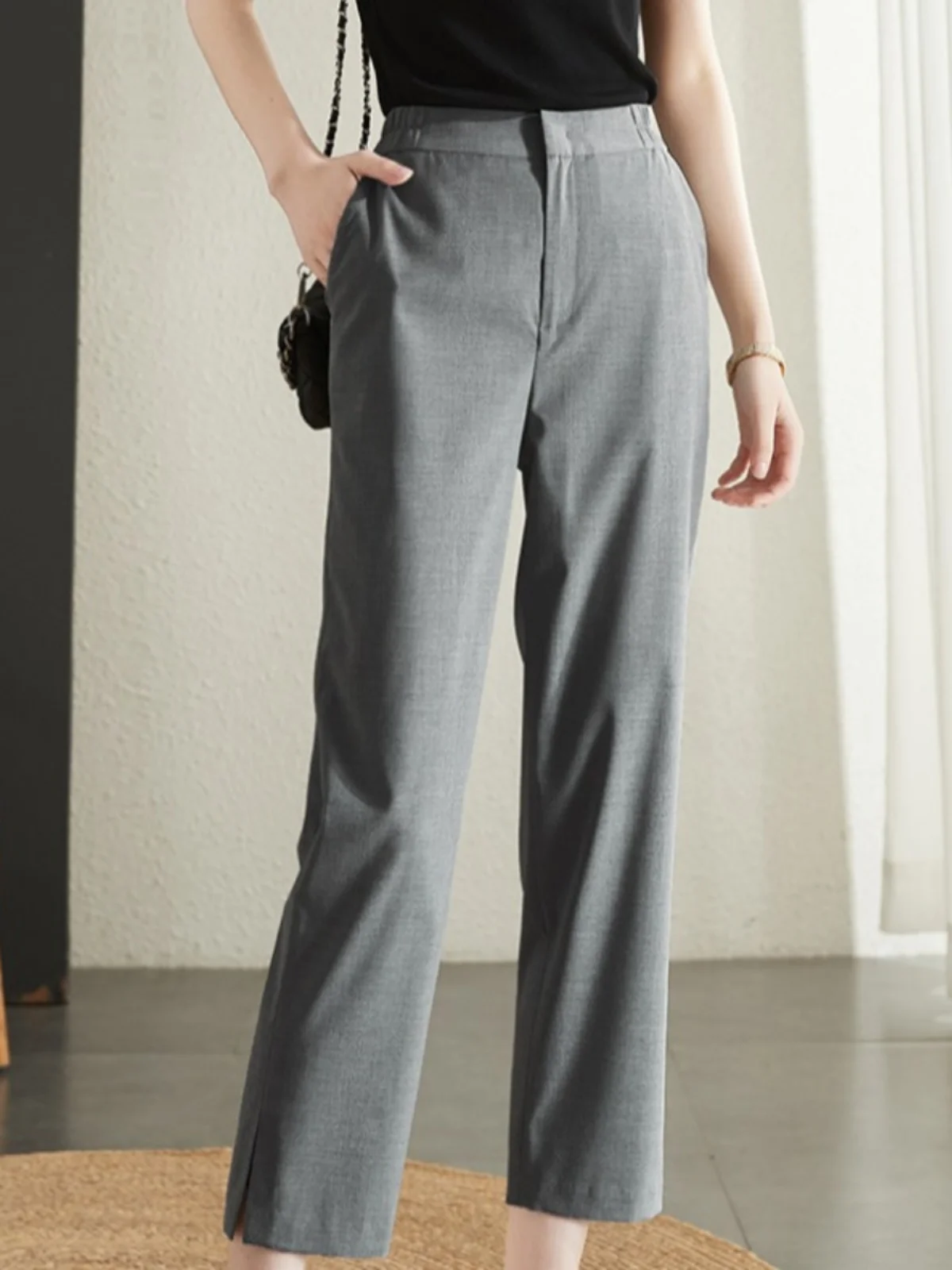 Calças de Terno Fenas Versáteis e Es, Cintura Alta, Ajuste Slim, Design Casual com Pernas Retas e Fenda, Estilo Co...