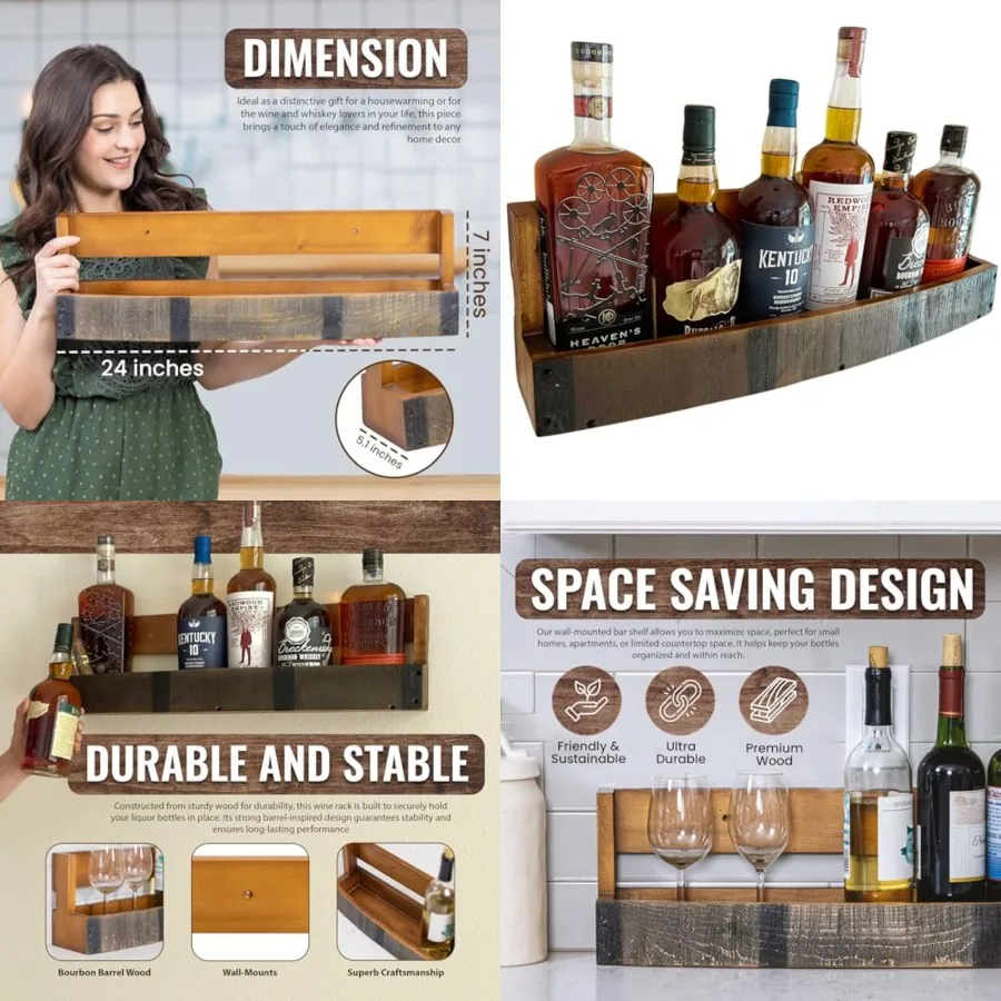 

Liquor Bottle Display Shelf Bar Shelf for Whiskey, Wine and Bourbon Rustic Wall-Mounted Wooden Shelves, Countertop Rack, Stylis