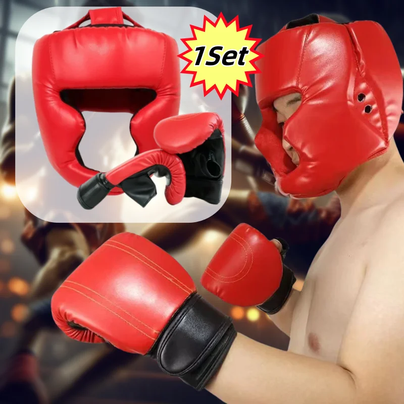 1 piair Boxing Gloves and 1 piese Helmet Taekwondo Head gear muay Thai Headgear, Adult Sanda Training Protective Equipment