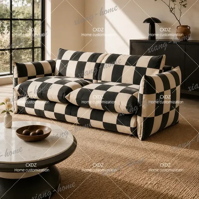 PG Modern velvet checkerboard sofa, black and white checkerboard cloud soft bag sofa, living room leisure lazy sofa