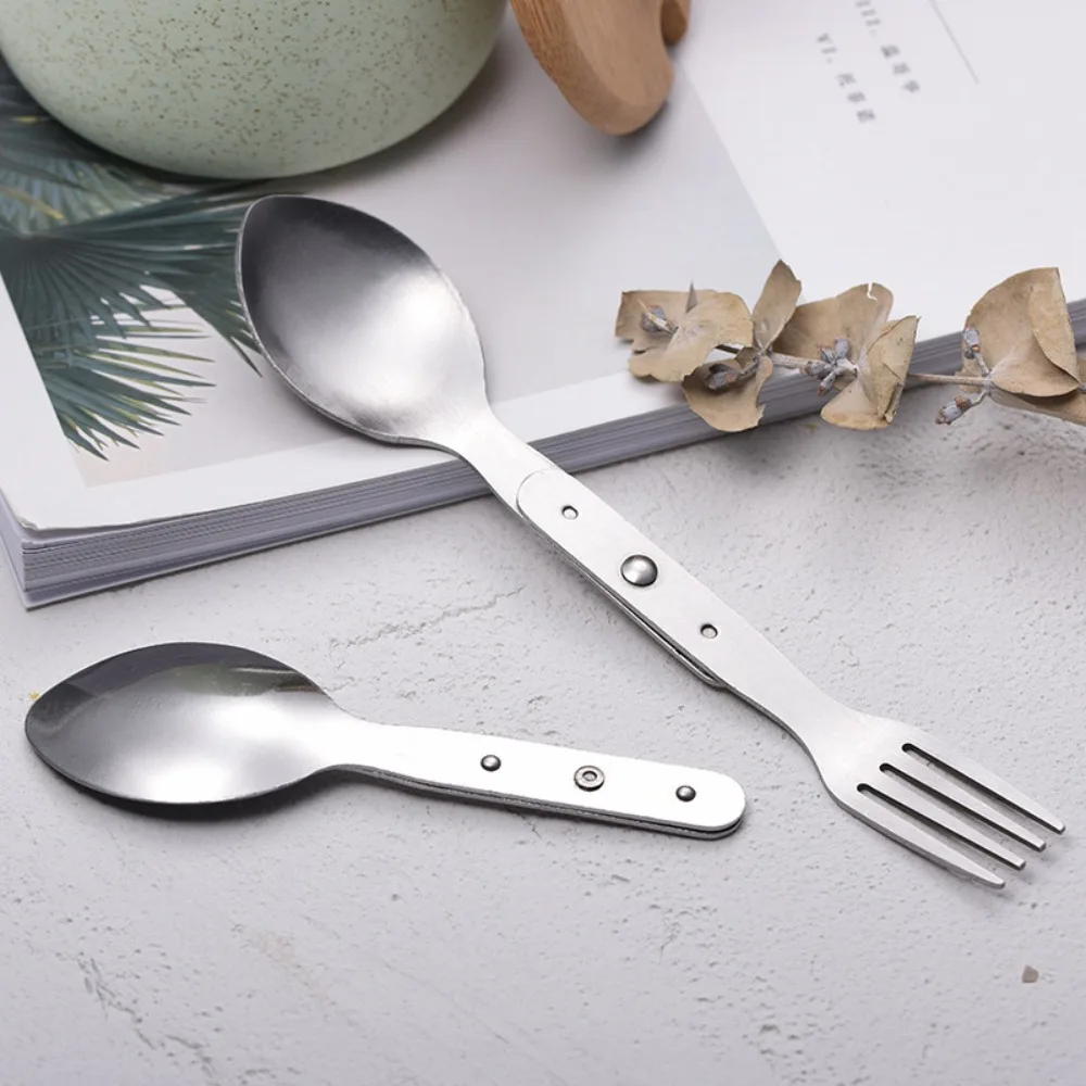 

304 Stainless Steel 2-in-1 Foldable Fork Tableware Portable Silver Spoon & Fork Space-saving Camping Spoon Outdoor