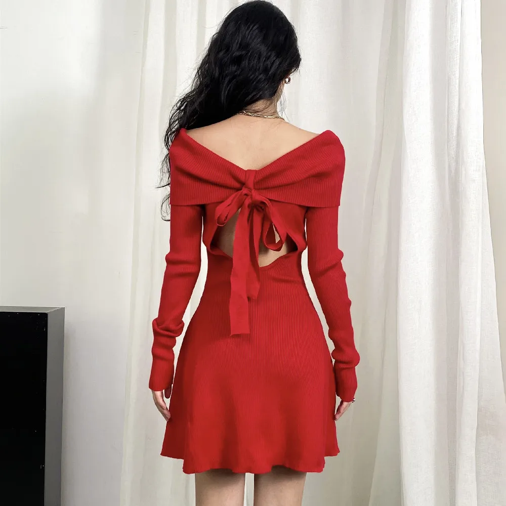 2025 Autumn Sexy Slash Shoulder Knitted Mini Sweater Dress Women Bow Cut Out Back Backless A-line Full Sleeve Robe Knitwear