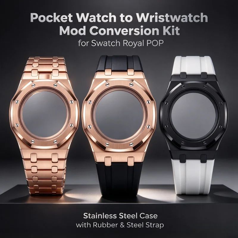 Pocket Watch to Wristwatch Mod Conversion Kit for Swatch Royal POP Stainless Steel Case with Rubber & Steel Strap