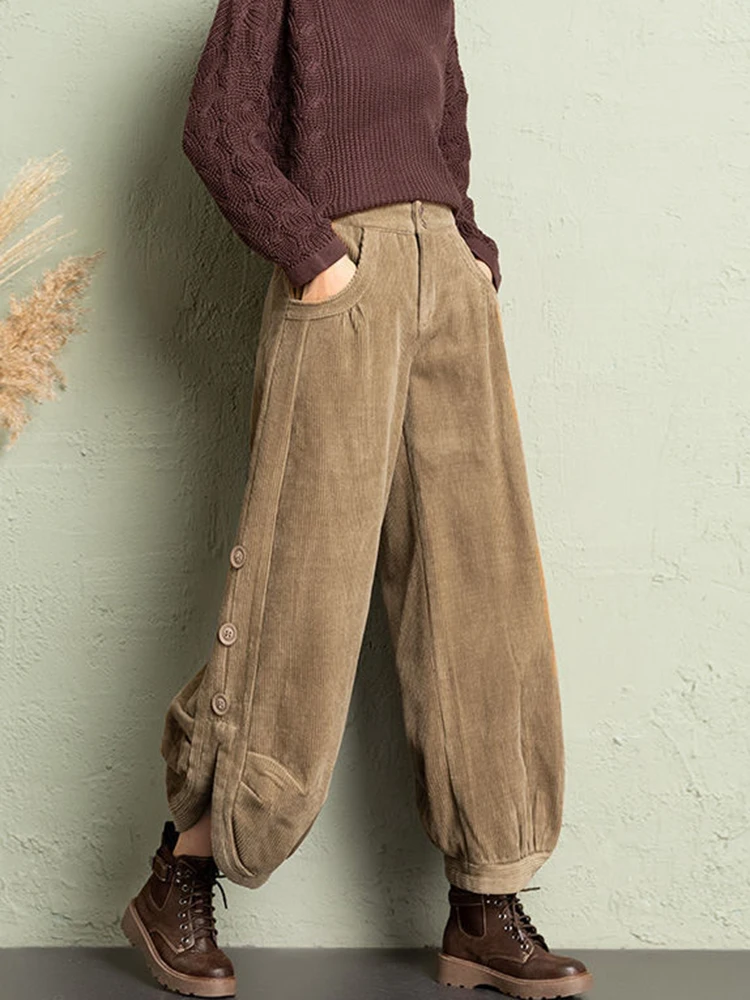 Korean Corduroy Women Pants Fall Winter Plush Warm Loose Casual Harem Trousers Retro High Waist Button Streetwear Wide Leg Pants