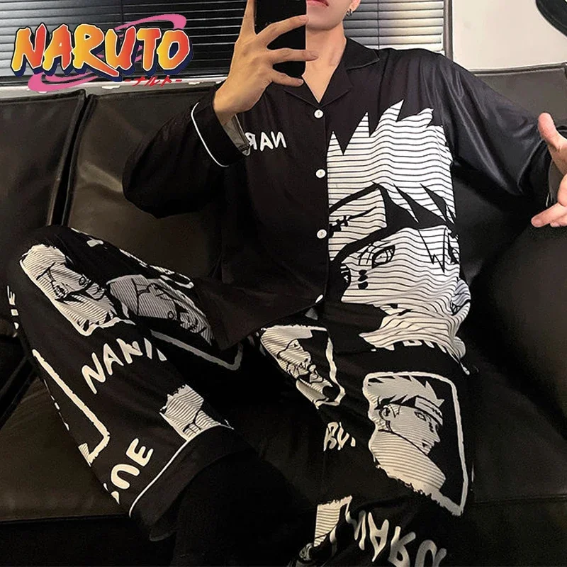 Naruto Pain Pajama Men Anime Sets Silk Satin Pijama Turn-down Collar  Long Sleeve Nightwear Male 2 Pieces Sets Cardigan Homewear