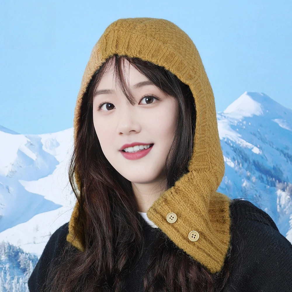 

Fashion Korean Style Wool Button Balaclava Cap Winter Outdoor Warmth Knitted Ear Protecters Hats for Women Winter Hats Ski Mask