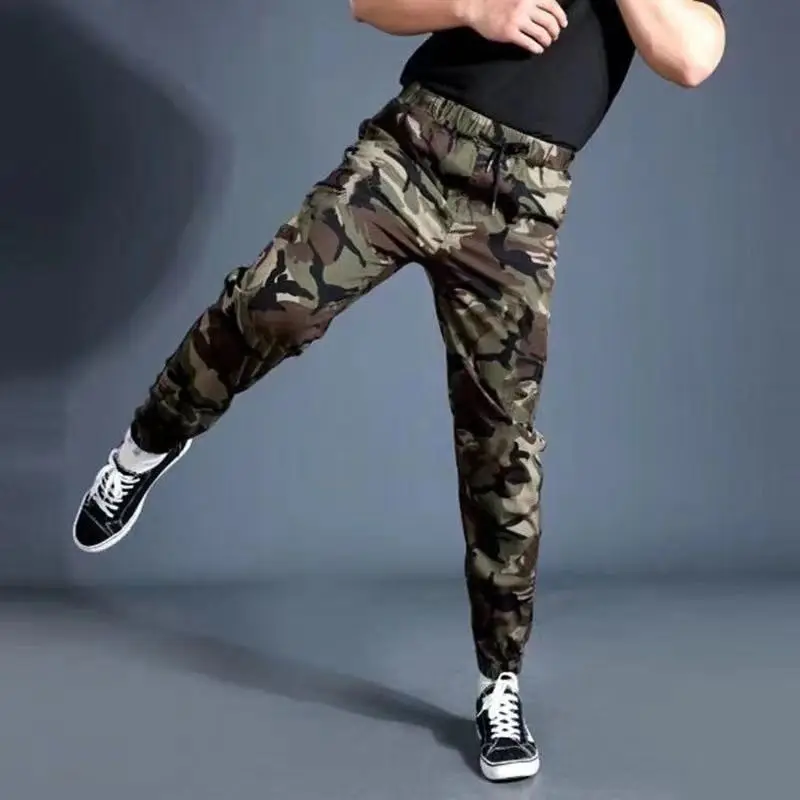 Big Size Man Camouflage Tactical Cargo Pants Spring Summer Elastic Waist Male Streetwear Fashion Baggy Wide Trousers