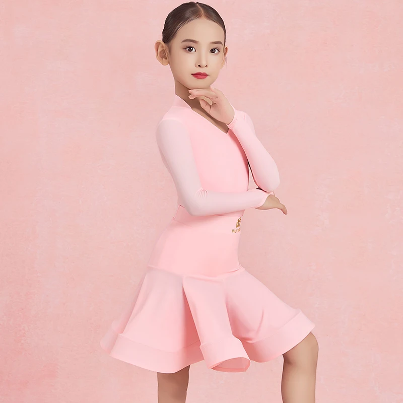 2026 Children Latin Dance Practice Clothes For Girls Pink Long Sleeved Split Skirts Outfits Chacha Rumba Latin Costumes DQS23234
