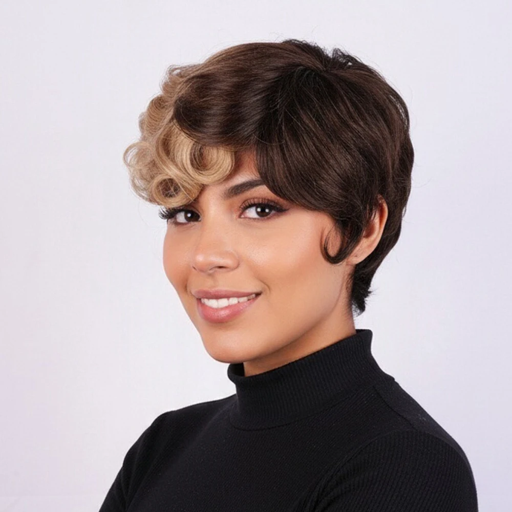 براون شقراء شعر بشري قصير الباروكات مجعد عابث قطع شعر مستعار مع الانفجارات قبل قطعها للنساء البرازيلي شعر ريمي آلة صنع قبعة