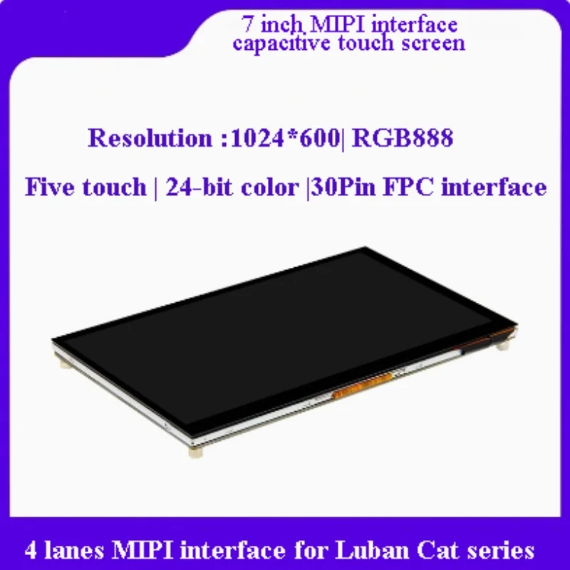 7-inch 1024x600 MIPI Capacitive Touch Screen, 5-Point Touch, 24-bit RGB888 Color Depth