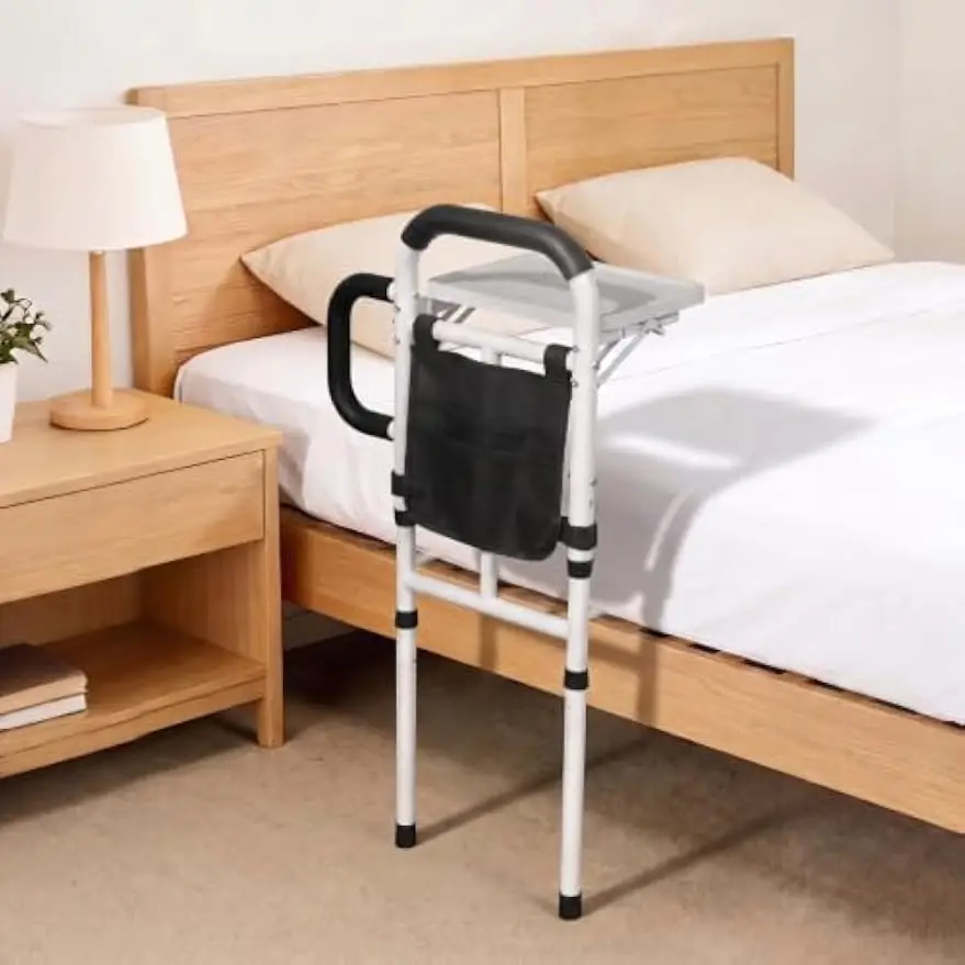 Bed Rail for Elderly Adults Safety, ASTM Approved Bed Assist Rail with Adjustable Height, 3 Non-Slip Handles, Foldable Tray & Storage Pocket, 400LBS Support, Fits King, Queen, Full, Twin Bed