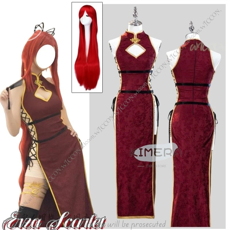 Erza Scarlet Anime Cosplay Costume Wig 100CM Chinese Style Cheongsam Jumpsuit Comic-Con Oneesan Disguise Role Play Halloween