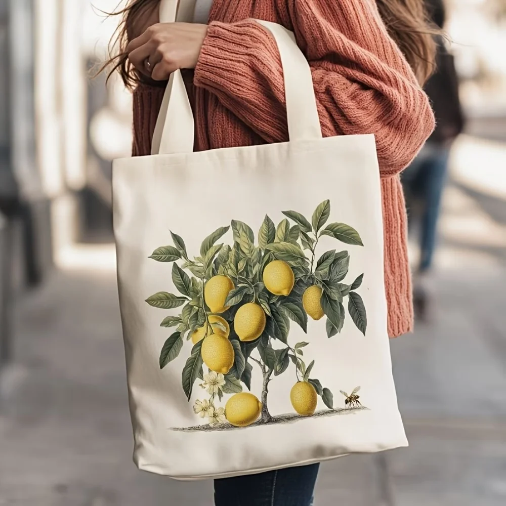 1 Lemon Tree Pattern Tote Bag, Durable Canvas Shoulder Bag, Beautiful Lemon Tree Pattern Shopping Bag, Reusable Foldable Tote Bag, Perfect for Study, Casual Shopping, and Daily Use, an Ideal Gift for Friends and Women