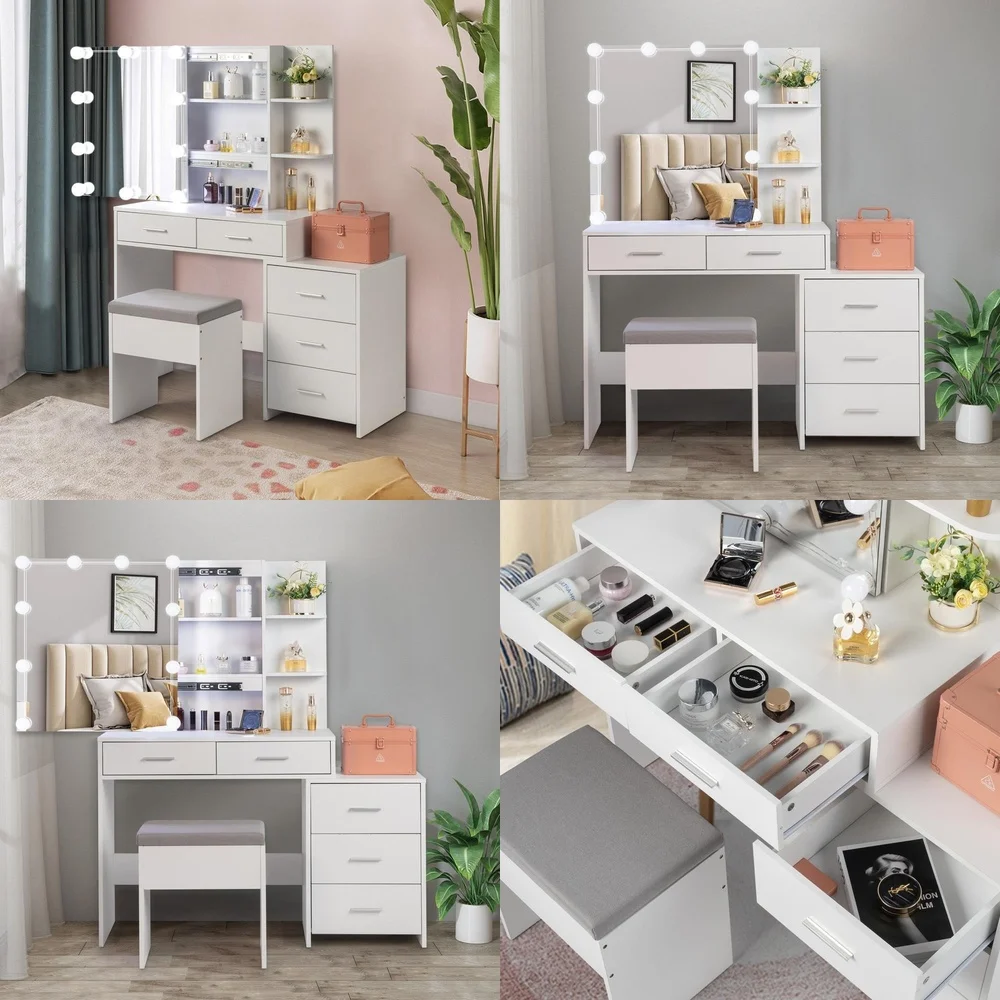 

Makeup VanitiesLED Lighted Makeup Vanity Table with 5 Drawers Dressing Desk for Beauty Organization