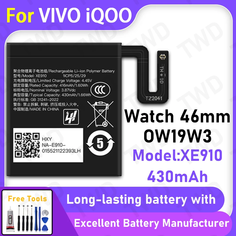 

100% New 430mAh XE910 Battery For Vivo Watch 46mm Replacement Bateria+Free Tools