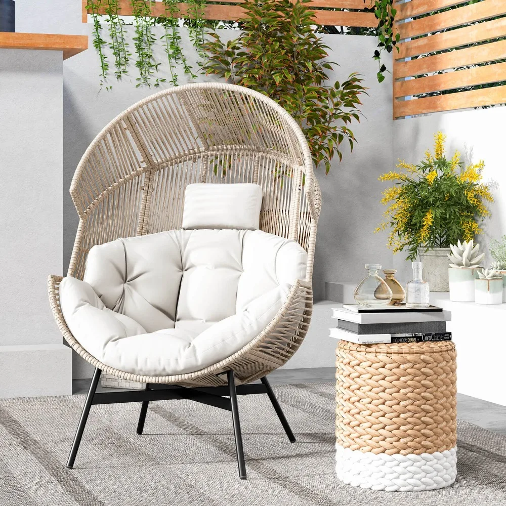 

Oversized Egg Style Chair w/ Cushions & Headrest Heavy-Duty Metal Frame for Yard