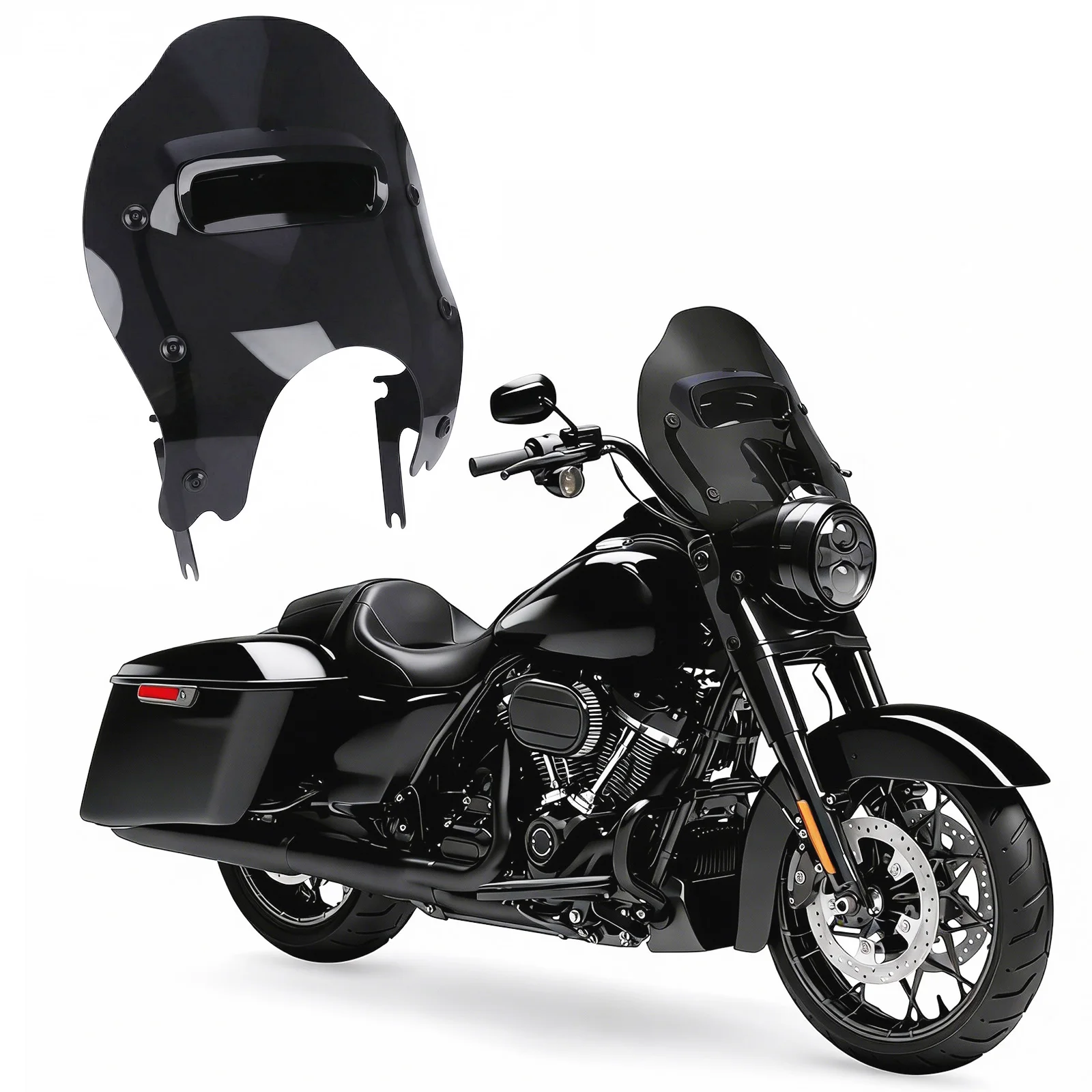 Motorcycle Black Windshield Vented Windscreen + Mounting Hardware Kit for Harley Road King 1994-later, FLHRXS 2017-later